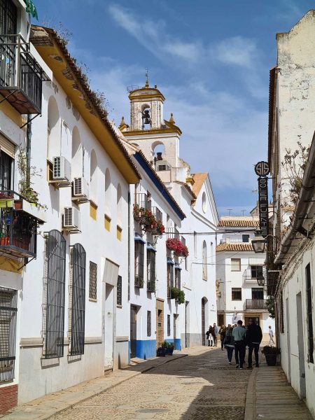 Lange, schmale Gasse mit weiß getünchten Häusern und typischer andalusischer Architektur in Córdoba – Wohnmobil-Rundreise Spanien