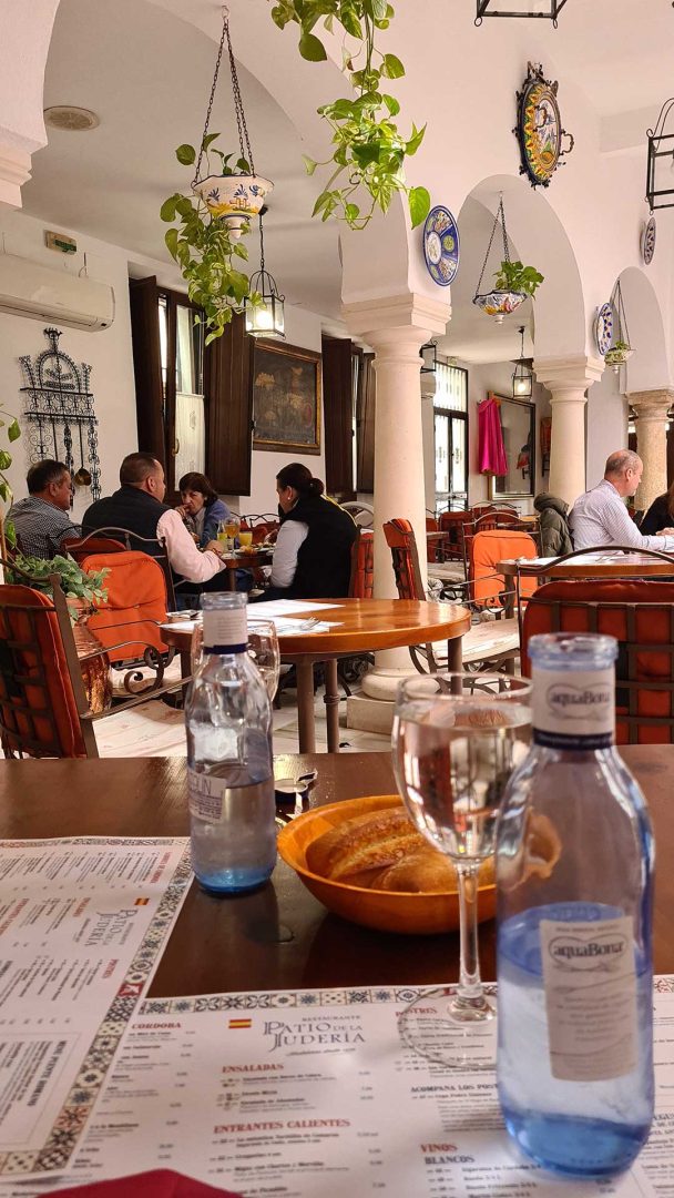 Gemütlicher Innenhof im Restaurante Patio de la Judería mit Pflanzen und Tischen – Wohnmobil-Rundreise Spanien