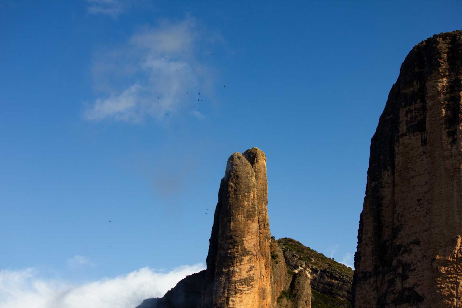 Felsen bei Riglos wie ein Höllenschlund, darüber kreisen Geier – Wohnmobil-Rundreise Spanien