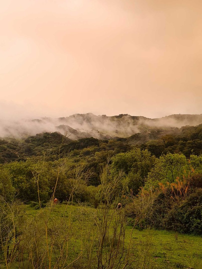 Dicke rote Wolkenschwaden drücken sich bedrohlich über die Berge – Wohnmobil-Rundreise Spanien