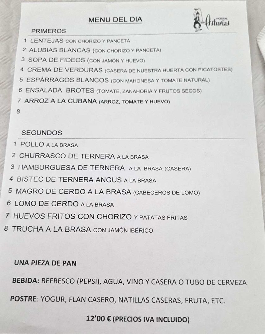 Speisekarte mit Tagesmenü zur Auswahl für 12 Euro – Wohnmobil-Rundreise Spanien