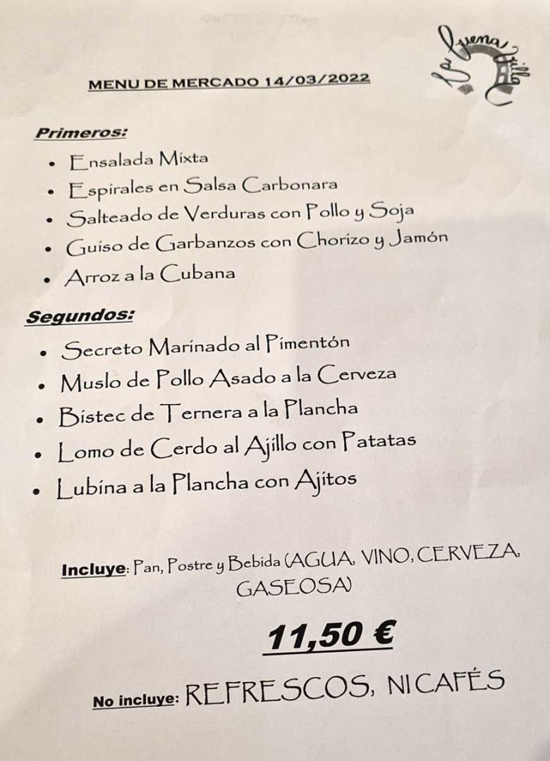Speisekarte eines Restaurants vom 14. März mit Tagesmenü für 11,50 Euro – Wohnmobil-Rundreise Spanien