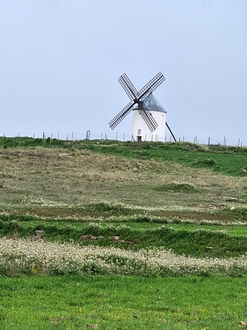 Traditionelle weiße Windmühle mit blauem Eingang – unser erstes Windmühlen-Erlebnis auf der Reise – Wohnmobil-Rundreise Spanien